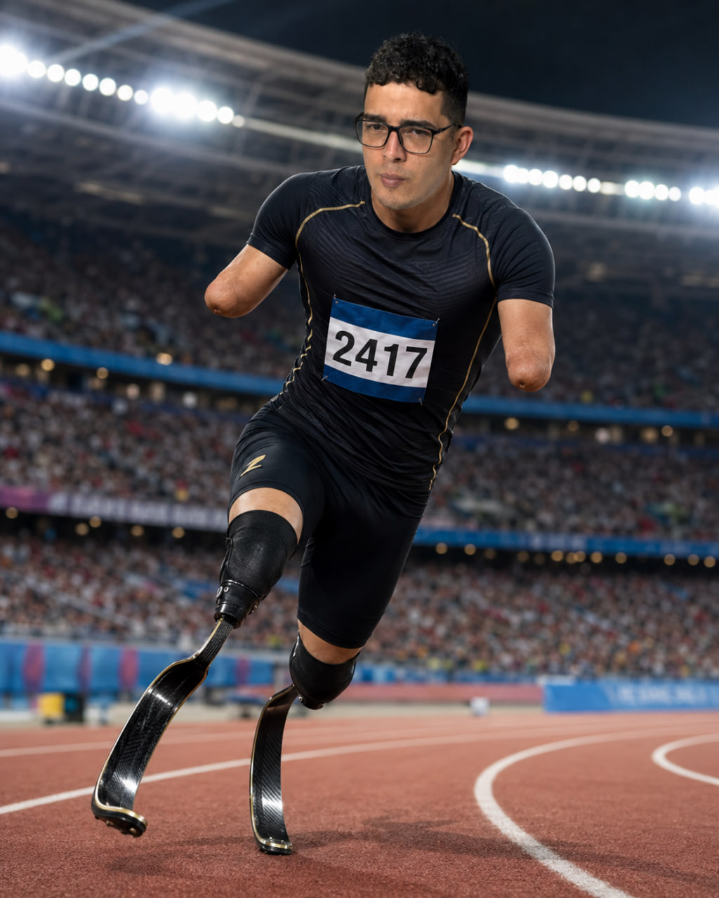 Ronald, a young man with bilateral arm and leg amputations, sprinting on a stadium track with running blades, race bib 2417
